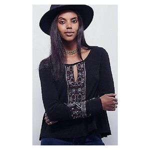 Free People Black Long Sleeve Top with Boho Accents